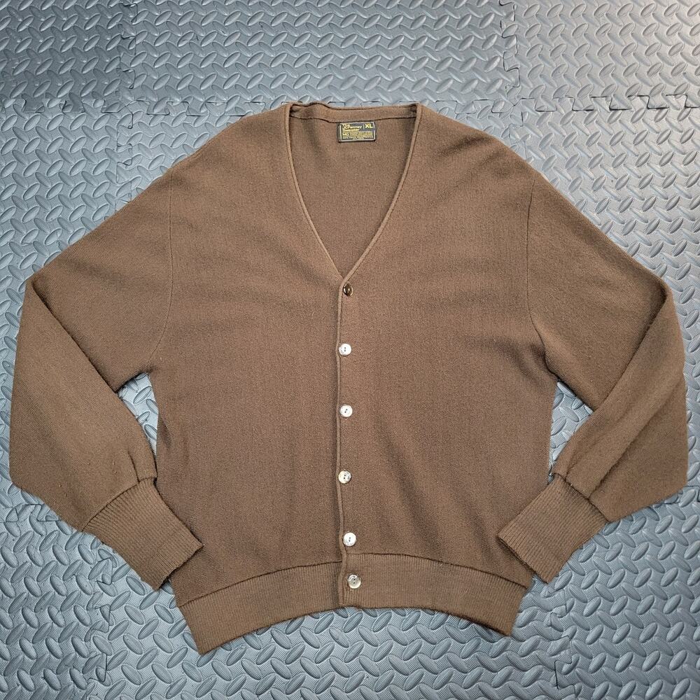 Vintage JCPenney Cardigan Sweater XL Brown Orlon Acrylic Grandpa 70s 80s